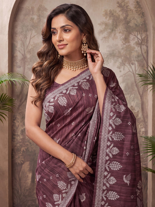 Wine Bird & Floral Woven Border Cotton Saree