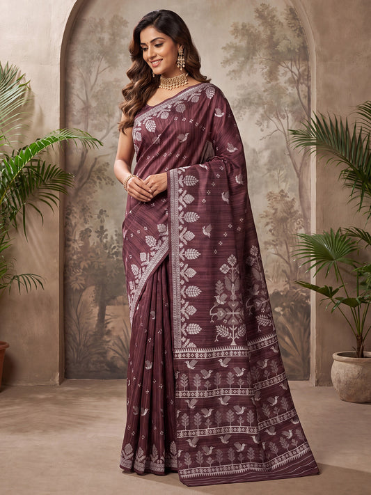 Wine Bird & Floral Woven Border Cotton Saree