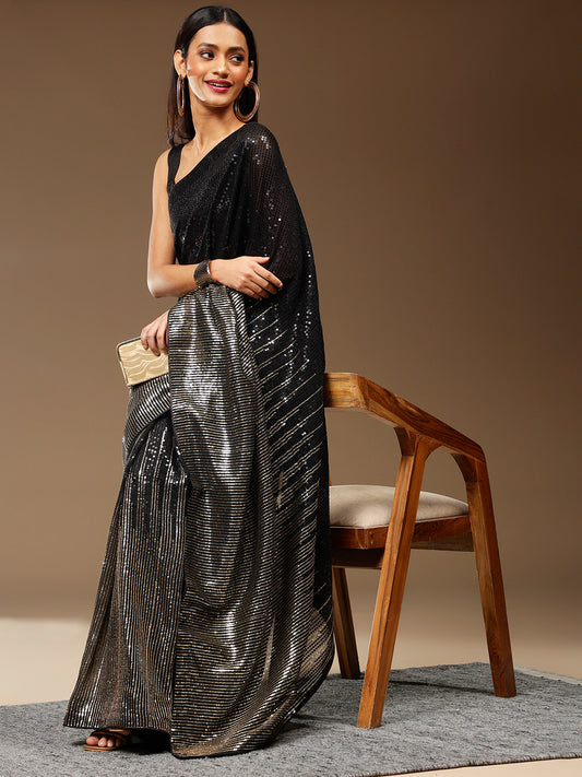 Black & Silver All-Over Sequin Georgette Saree with Diagonal Stripe Pattern