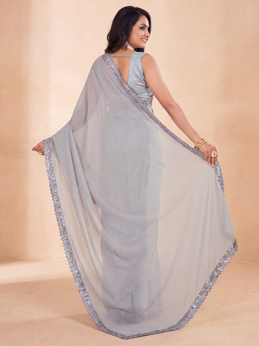 Grey Georgette Silk Blend Silver Sequin Border Saree