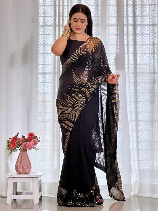 Black Gold Sequin Georgette Saree with Blouse Piece