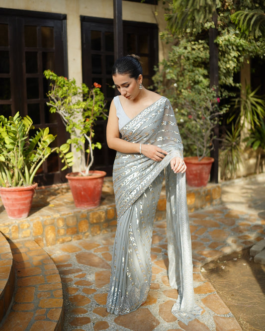 Silver Sequin Georgette Saree