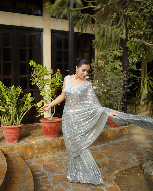 Silver Sequin Georgette Saree