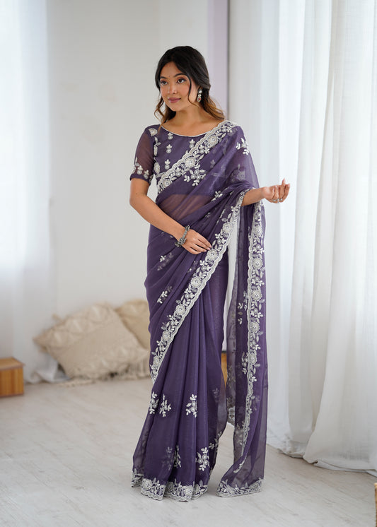 Purple Organza Embroidered Saree with Blouse