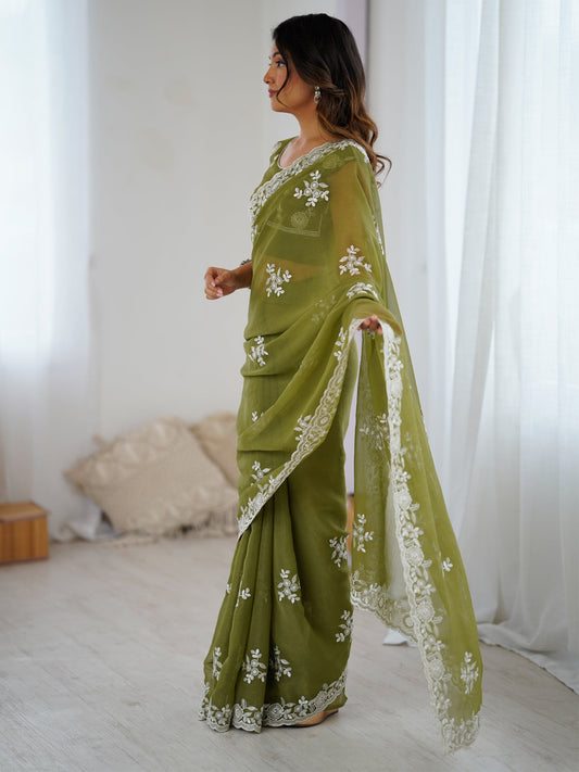 Olive Green Organza Embroidered Saree