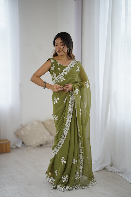 Olive Green Organza Embroidered Saree