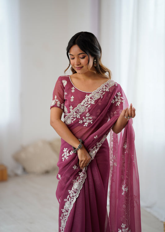 Dusty Rose Organza Embroidered Saree