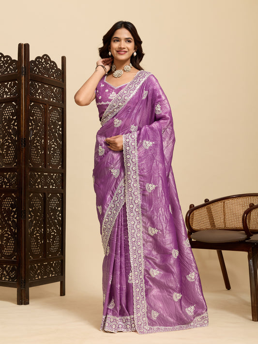 Purple Tissue Silk Embroidered Saree with Blouse