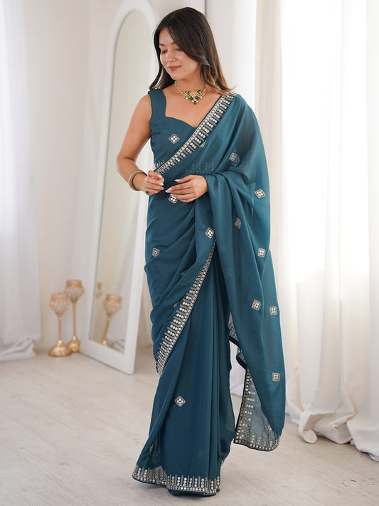 Teal Georgette Mirror Work Saree with Embroidered Blouse