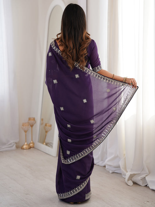 Purple Georgette Embroidered Saree with Mirror Work & Blouse
