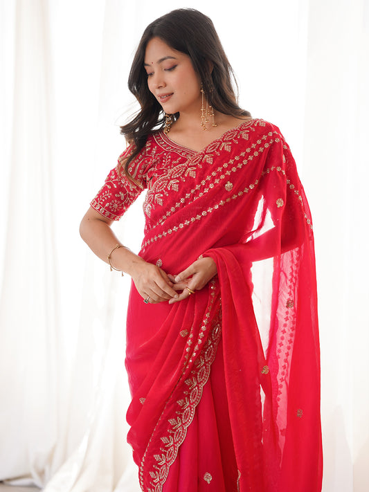 Red Satin Saree with Intricate Zardosi Embroidery