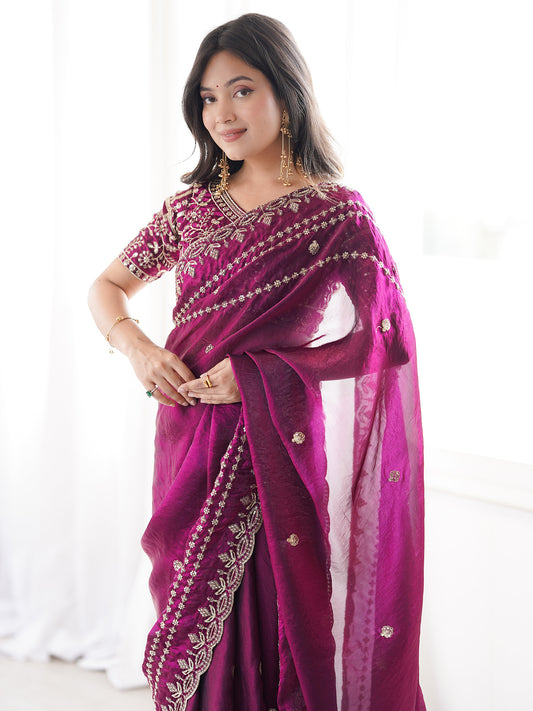 Wine Purple Satin Saree with Intricate Zardosi Embroidery
