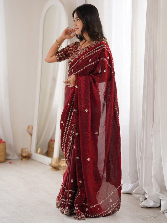 Maroon Saree Satin with Intricate Zardosi Embroidery