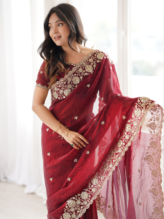 Deep Maroon Satin Saree with Embrodiery Work