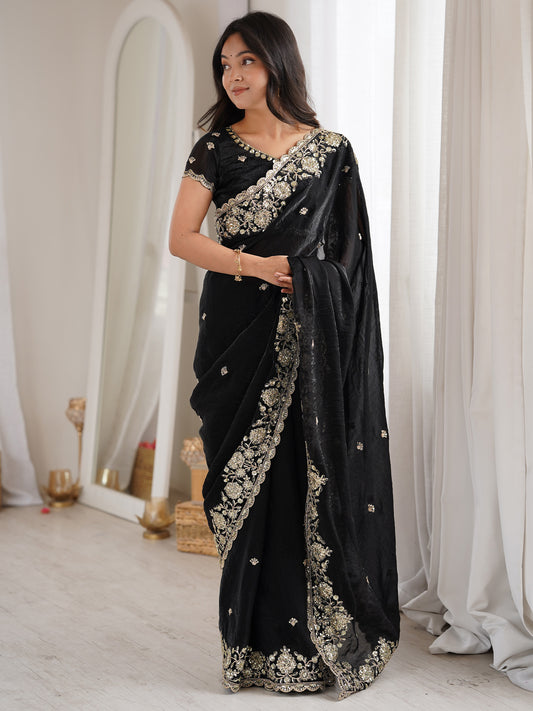 Jet Black Satin Saree with Zardosi Embroidery Border