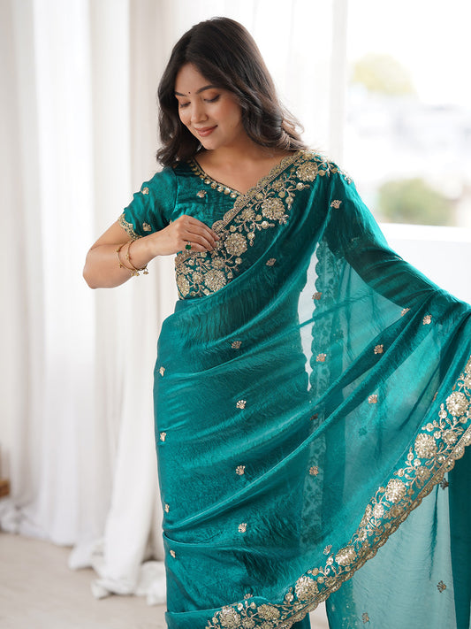 Teal Green Emblished Silk Saree