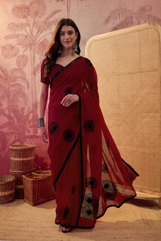 Dhriti Maroon Embellished Georgette Saree with Embellished Border & Maroon Blouse Piece