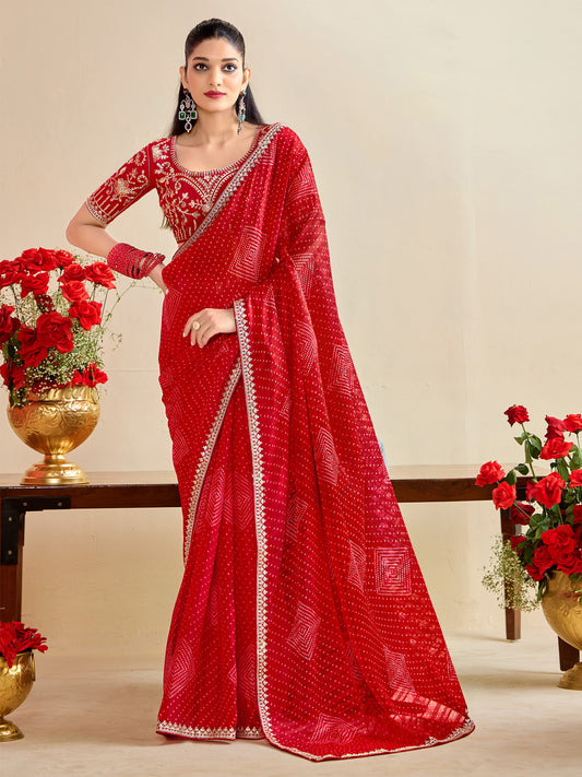 Red Polyester Bandhani Print Zari Saree