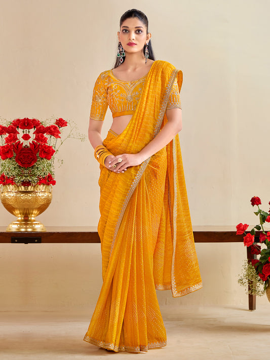 Mustard Yellow Bandhani Print Silk Blend Saree