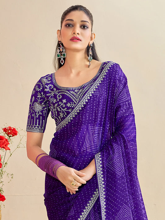 Purple Bandhani Georgette Saree with Embroidered Blouse
