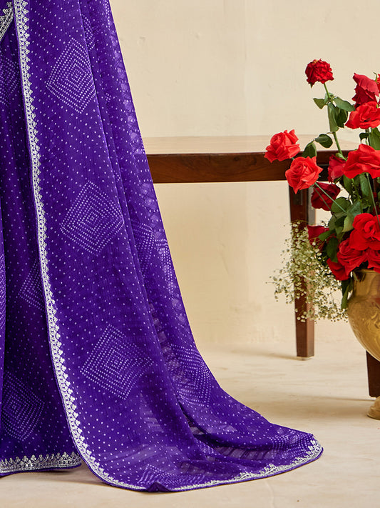 Purple Bandhani Georgette Saree with Embroidered Blouse