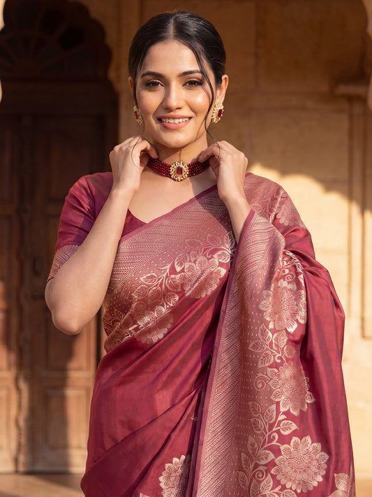 Saree Classic Crimson Red Floral Butti Banarasi Silk