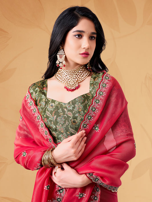 Arundhati Pink Embellished Tissue Saree with Embellished Border & Green Blouse Piece