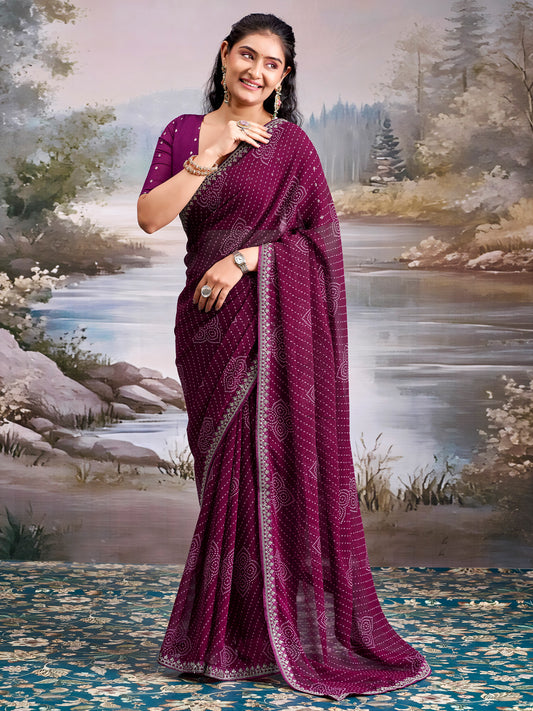 Wine Georgette Bandhani Saree with Embroidered Border