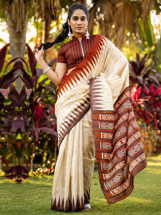 Ivory Chennaipattu Silk Saree with Gold Stripe Body, Feathered Ikat Maroon Border, Diamond Medallion Pallu & Stripe Zip Blouse