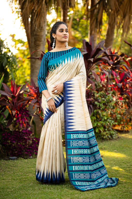 Cream & Teal Blue Cotton Blend Ikat Inspired Woven Print