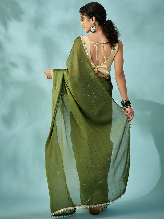 Dark Green Tissue Silk Saree with Zari Stripes