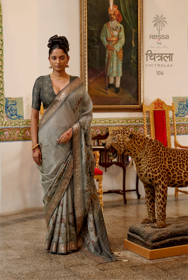 Chitrala Exclusive Designer Saree – Ajrak Print with Intricate Handwork on Premium Crush Tissue Fabric