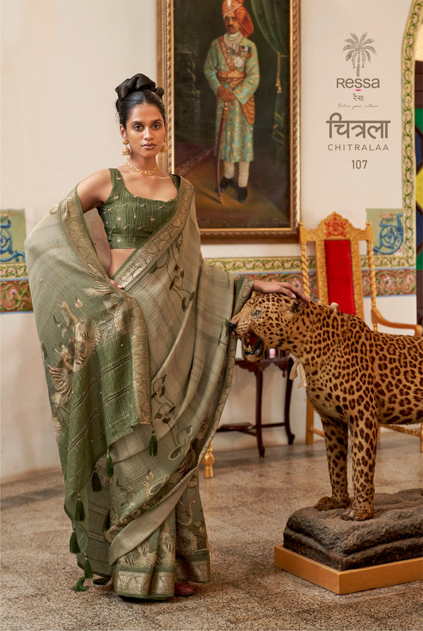 Chitrala Exclusive Designer Saree – Heritage Ajrak Print with Intricate Handwork on Premium Crush Tissue Fabric