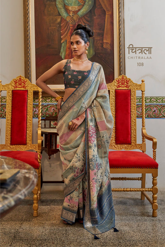Floral Pattern Printed Tissue Saree – Modern Design