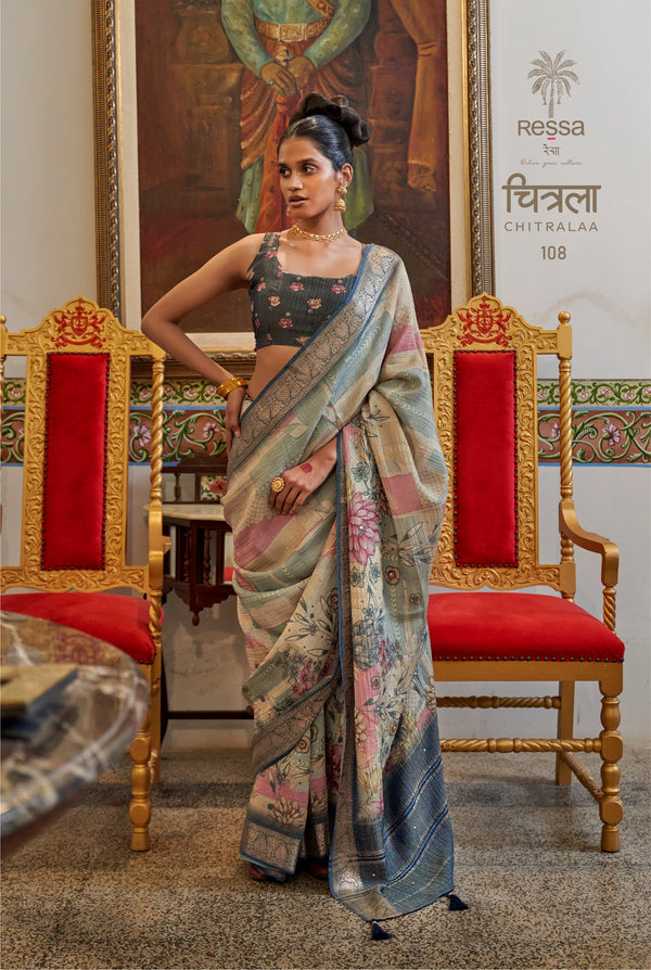 Chitrala Exclusive Designer Saree – Rich Ajrak Print with Intricate Handwork on Luxurious Crush Tissue Fabric