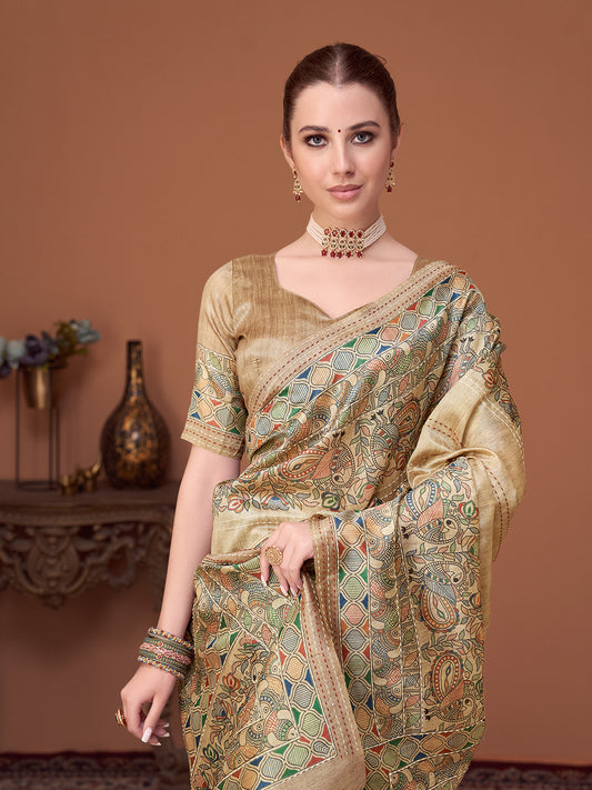 Regal Golden Beige Silk Blend Saree