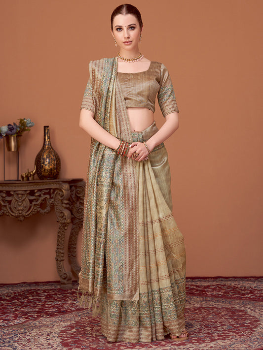 Beige Silk Blend Patola Style Digital Print  Saree