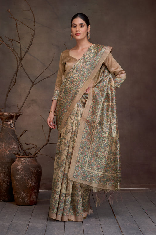 Chitrika Golden Beige Kalamkari Silk Saree
