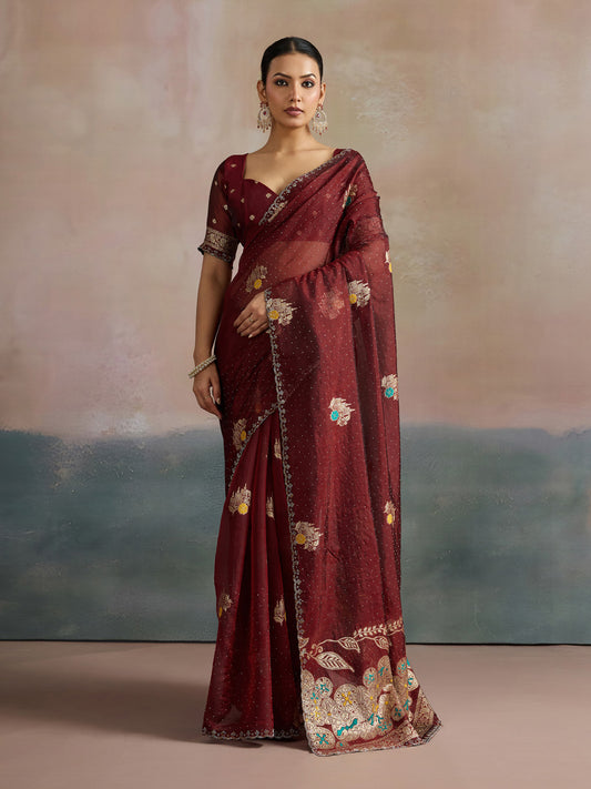 Maroon Organza Saree with Zari Border