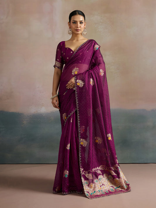 Royal Plum Wine Silk Saree with Zari Border