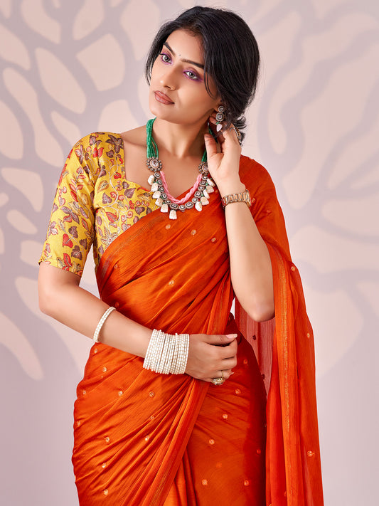 Anagha Orange Embellished Chiffon Saree with Zari Border & Mustard Blouse Piece