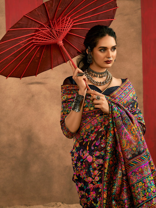 Black Silk Blend Kashmiri  Saree