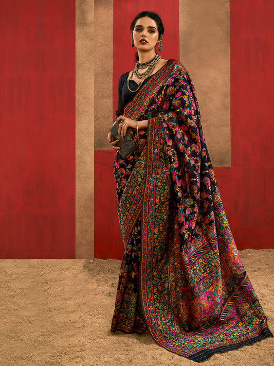 Black Silk Blend Kashmiri  Saree