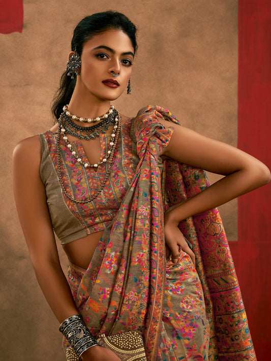 Beige Silk Blend  Kashmiri Pashmina Style Weaving  Designer Blouse Saree