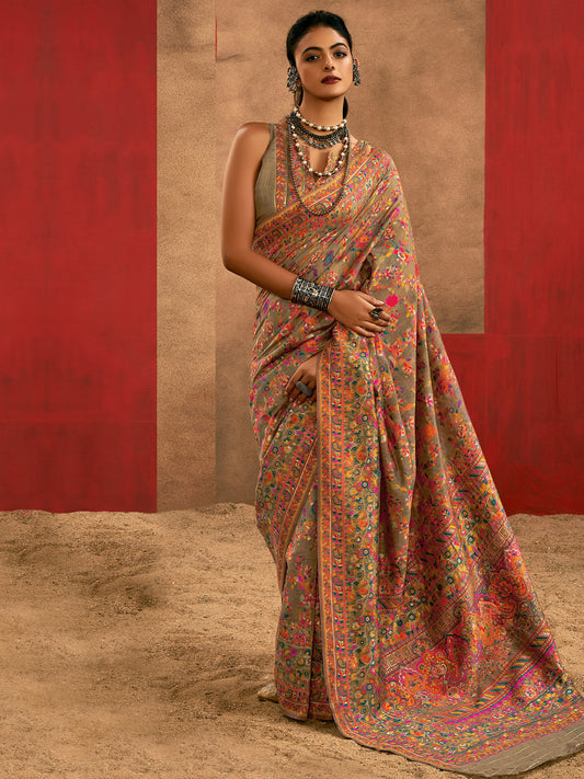 Beige Silk Blend  Kashmiri Pashmina Style Weaving  Designer Blouse Saree