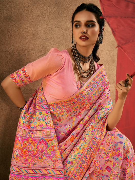Pink Silk Blend Heritage Floral Print Handloom Aesthetic