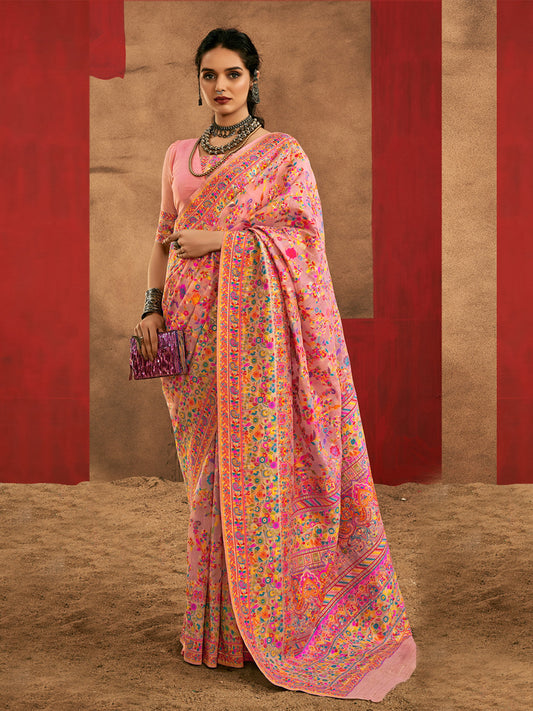 Pink Silk Blend Heritage Floral Print Handloom Aesthetic