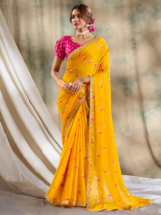 Chunri Yellow Georgette Saree with Pink Bandhani Motifs & Embroidered Border