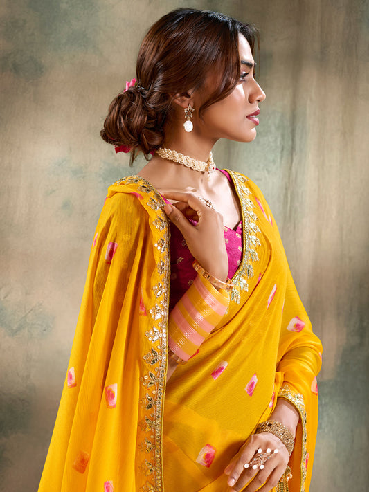 Chunri Yellow Georgette Saree with Pink Bandhani Motifs & Embroidered Border