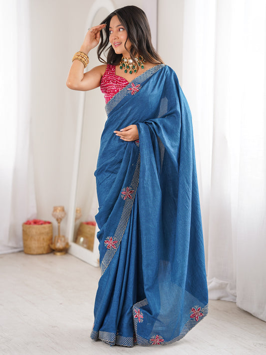Indi Blue Dola Silk Saree with Embroidered Floral Border